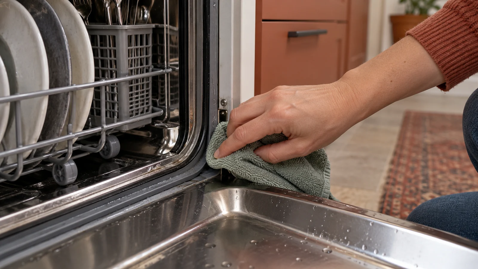 A soft cloth wiping the inner edge of a dishwasher door seal