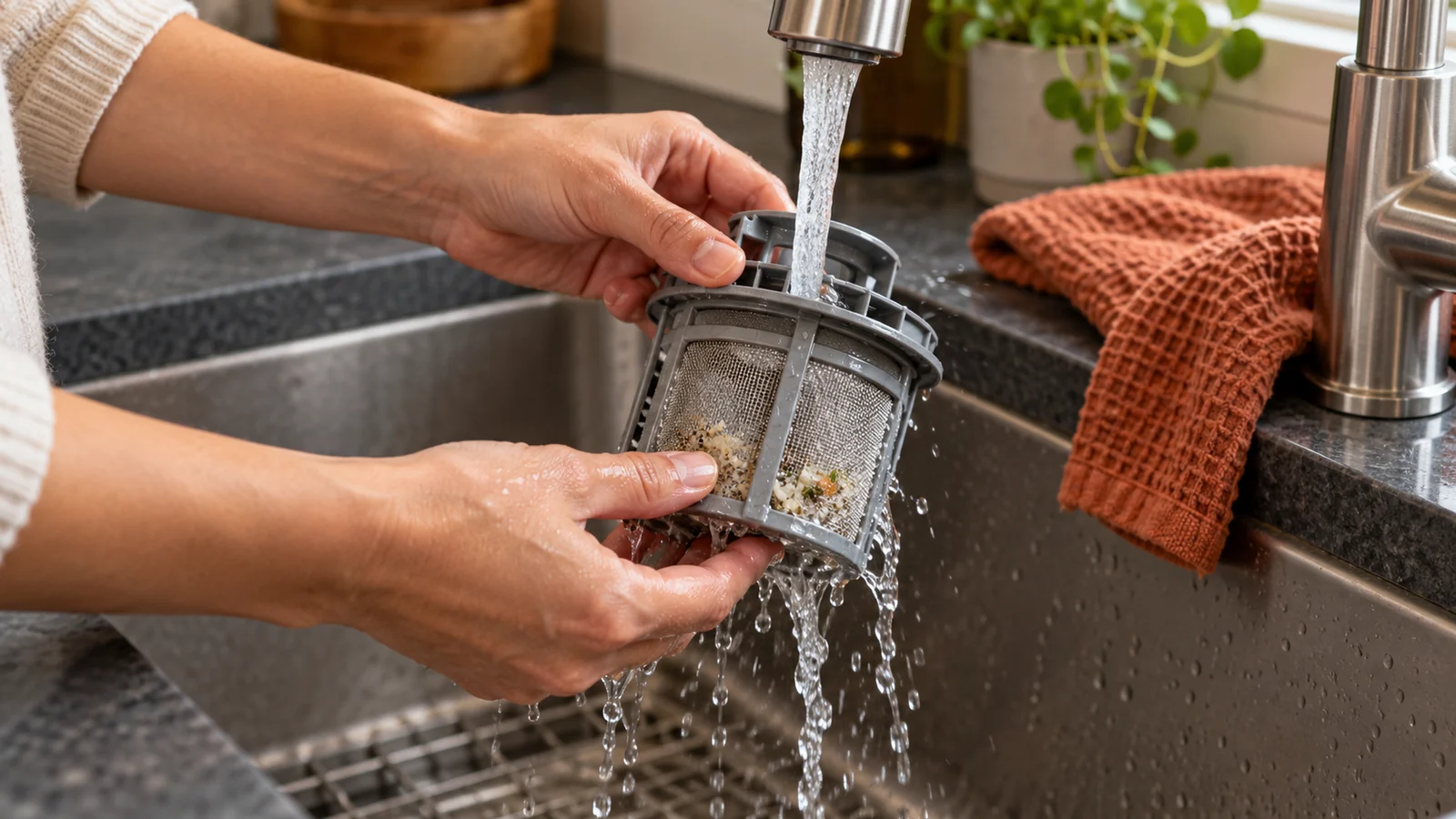 A dishwasher filter being rinsed gently under a kitchen sink faucet