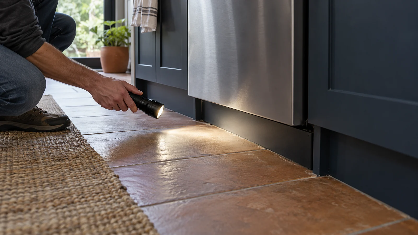 A visual inspection of the dry floor and cabinet edge beside a dishwasher