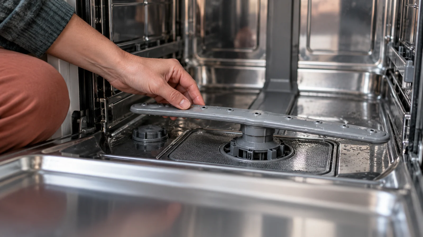 A homeowner checking dishwasher spray-arm jets for food debris