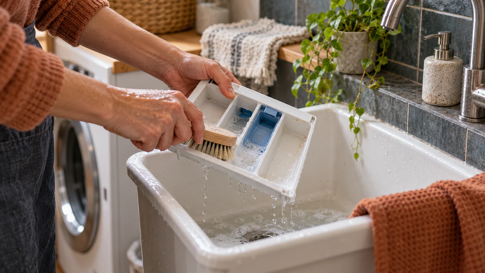 A removable washing-machine detergent drawer being cleaned at a utility sink