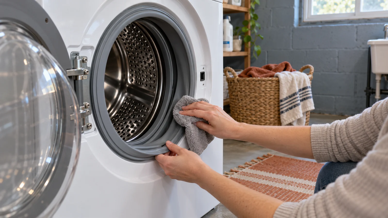 A homeowner wiping the front-load washer door gasket with a cloth