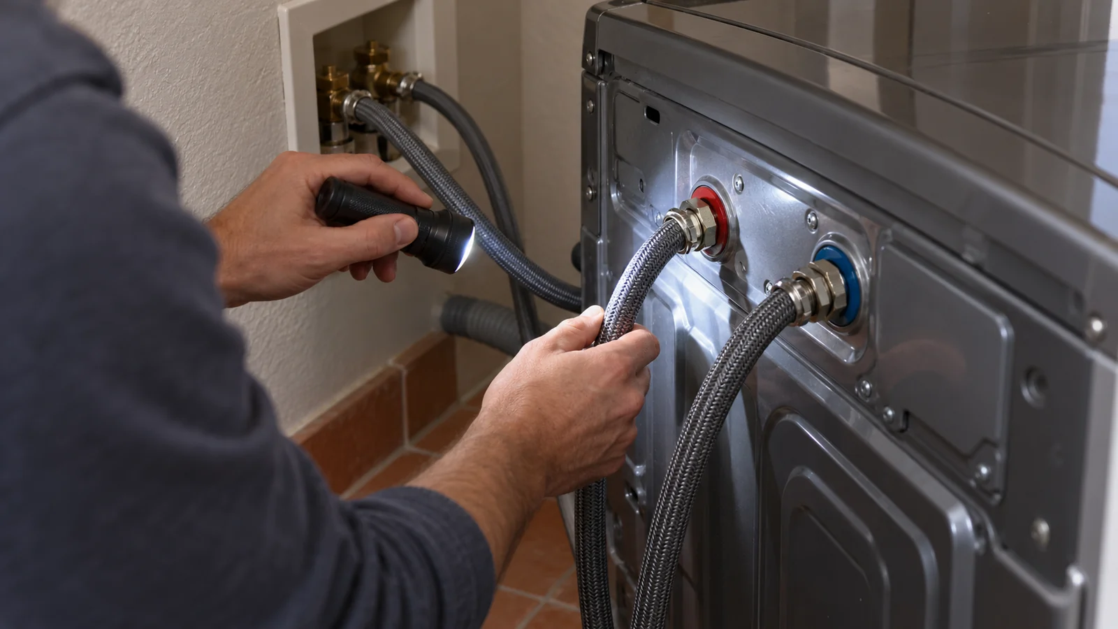 A visual inspection of washer inlet hoses and connections behind the appliance