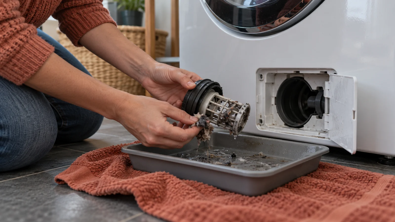 A shallow tray positioned beneath a front-load washer drain-filter access panel